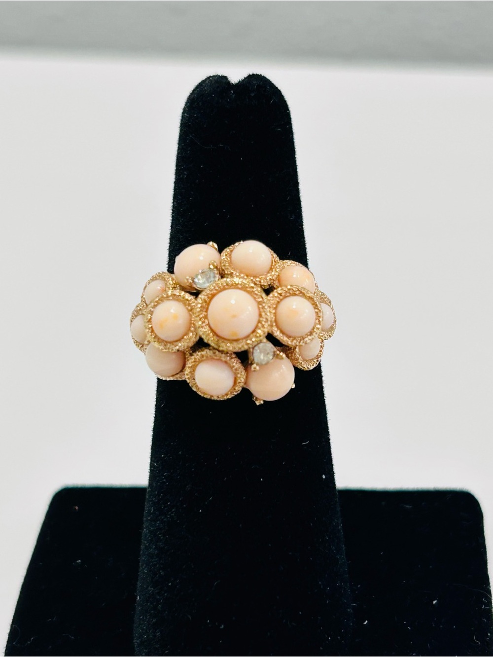 Vintage Avon Pink Cluster Ring Imitation Coral and Rhinestone Goldtone Size 5.5